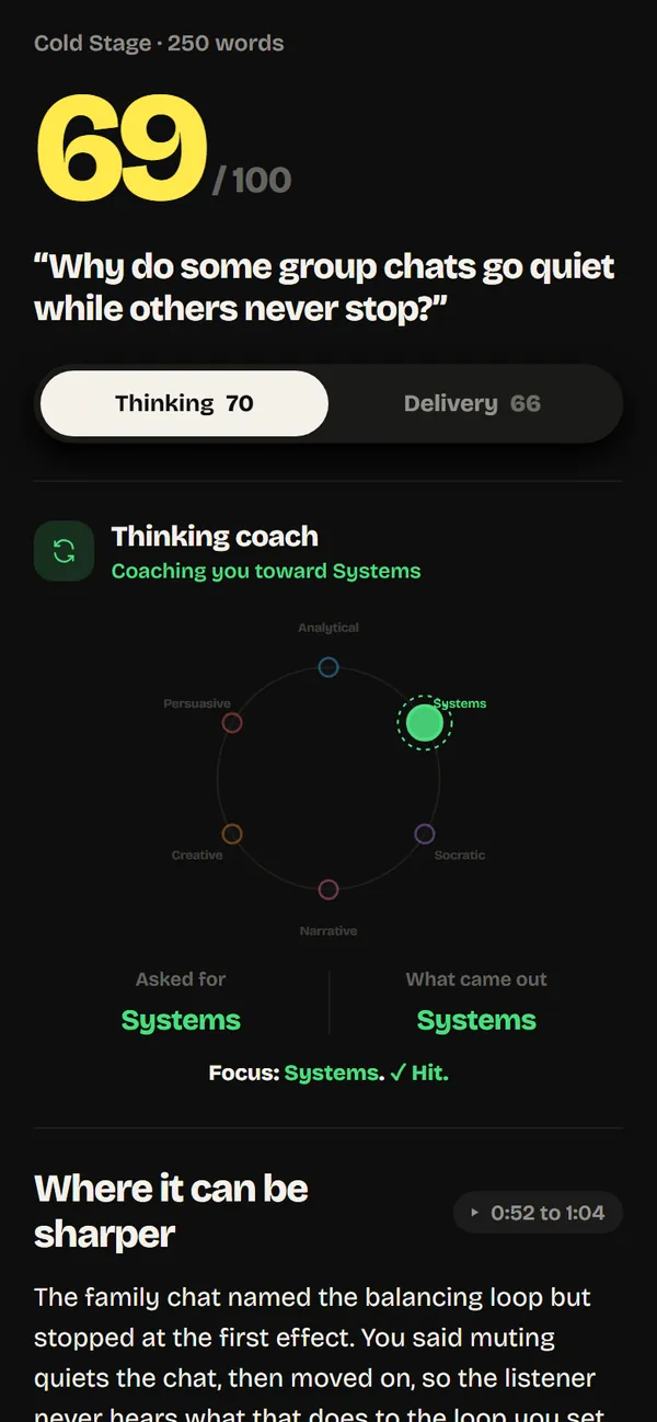 A Cold Stage report: a score out of 100, the Thinking and Delivery tabs, and the style wheel showing the style asked for and the style that came out.