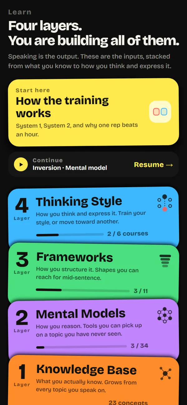 The Learn screen: four layers, you are building all of them, with Thinking Style, Frameworks and Mental Models as stacked cards.